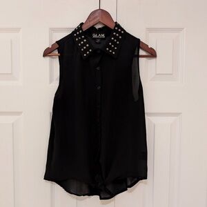 GLAM Tie Bottom Studded Collar Sheer Tank Top Shirt Size Medium